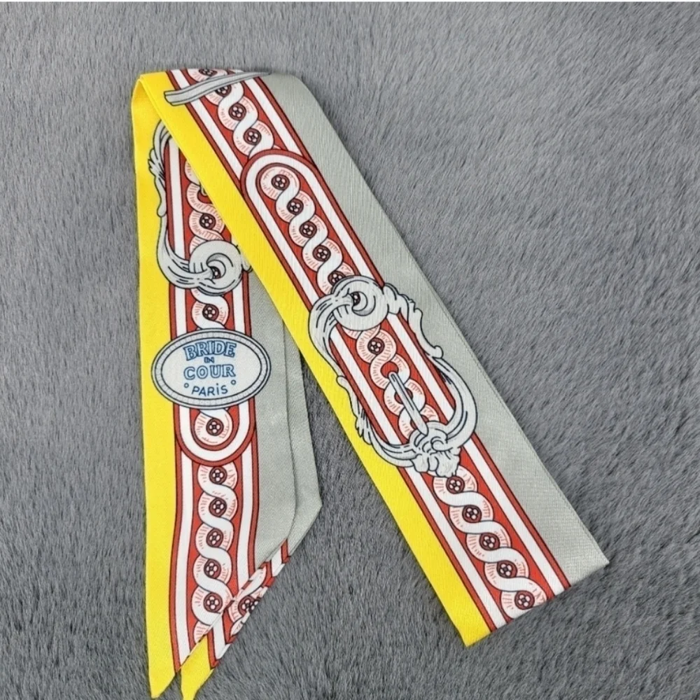 New Yellow Print Silk Skinny Scarf Twilly